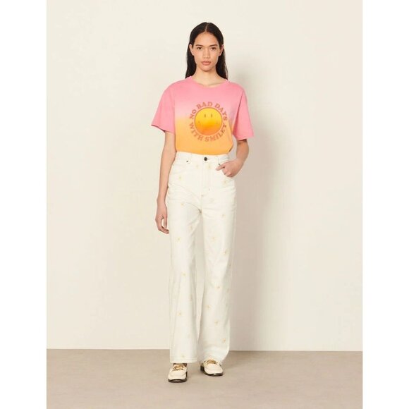 SANDRO Cyriaque White Embroidered Daisy Floral Wide Leg Jeans, Size 36/4/S - Picture 1 of 16